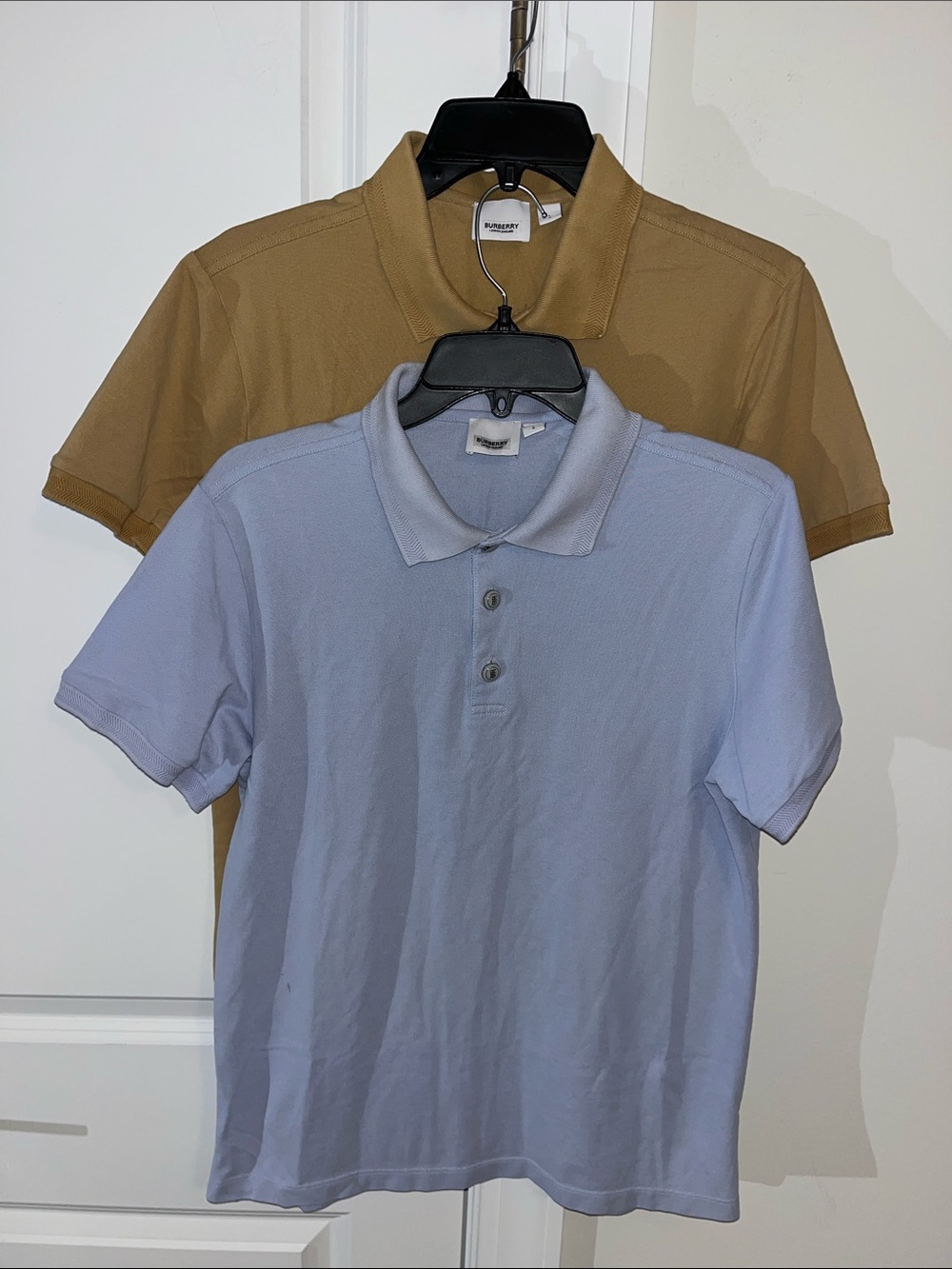 2-Burberry Polo Shirt Mens Slim Fit Beige & Blue Short Sleeve Preppy Golf Shirts